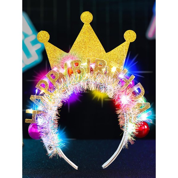 Zoestar Light Up Happy Birthday Crown Headband Glow Ball Hair Bands Led Birthday Party Hair Accessories Women