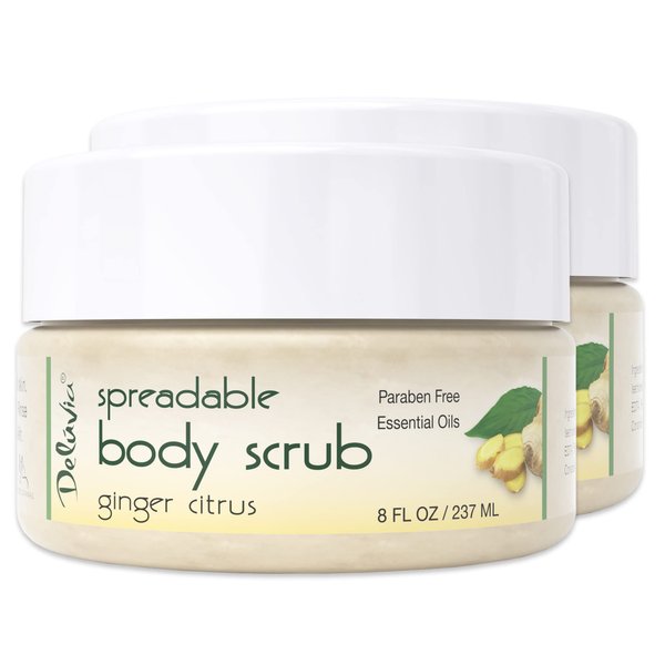 Deluvia Dead Sea Salt Exfoliating Face & Body Moisturizing Scrub, Ginger and Citrus Essential Oils, Vitamin E for Dry Skin - Leaves Skin Silky Smooth with Lasting Hydration for Men & Women (Two Pack)