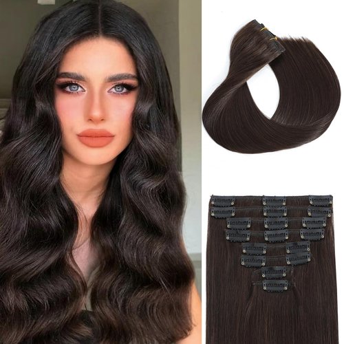 Real Hair Extensions Human Hair Double Weft Handmade Straight Soft Hair 100% Remy Virgin Human Hair 8pcs 65/pack Hair Dark Brown Straight Human Hair Clip In Hair Extensions 16inch