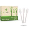 100% Compostable Forks - 140 Large Disposable Utensils (7 in.) Eco Friendly Durable and Heat Resistant Alternative to Plastic Forks with Convenient Tray by Ecovita