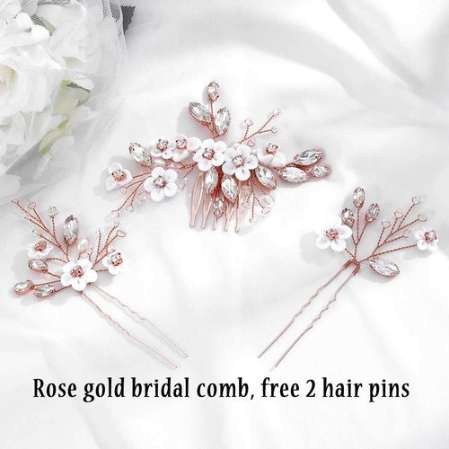 Yokawe Bridal Wedding Hair Comb Rose Gold Rhineston Bride Side Combs Crystal and Flower Hair Accessories for Women and Girls