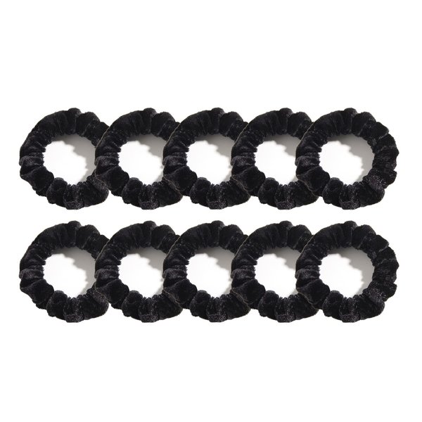 Pack of 10 Small Velvet Scrunchies for Women Hair Accessories, Mini Thin Elastic Hair Ties (Black)
