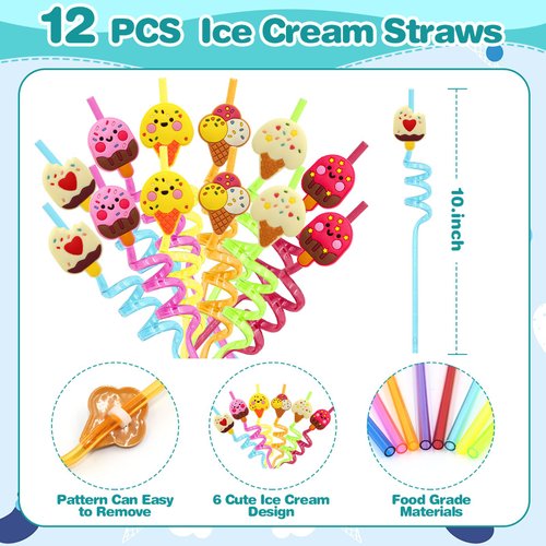 BOIKOKY 110 PCS Ice Cream Party Favors Set - Fun and Colorful Party Supplies for Kids, Includes Drinking Straws, Wristbands, Macaron Bubble Wands, Stamps, Keychains, and Stickers