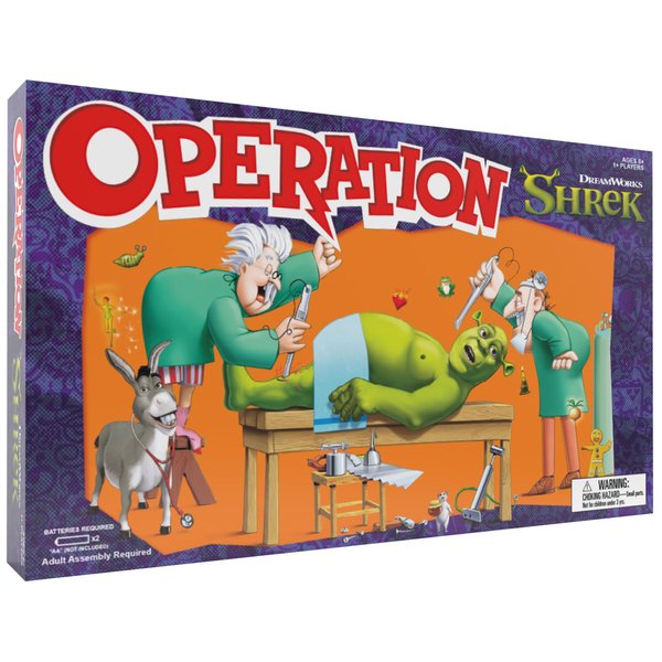 Operation: Shrek Board Game, Featuring 12 Custom Shrek “Funatomy” Pieces from Pixie Bites to Pain in The Butt Donkey, Classic Electronic Remove The Objects or Get The Buzzer Game, Officially Licensed