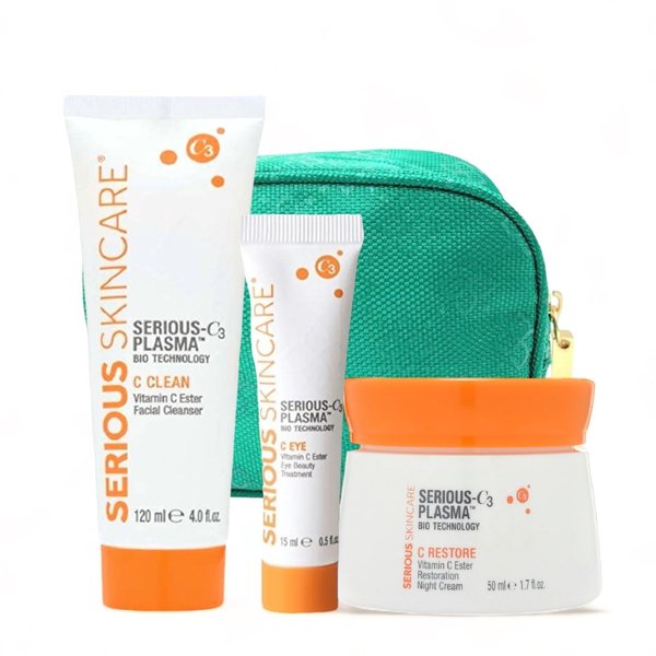 Serious Skincare - Serious C3 Plasma Night Trio - C-Restore Night Cream, C Eye Beauty Treatment with Vitamin C Ester and C Clean Facial Cleanser - Makeup Bag - Mature Dry Skin - Smoother Skin