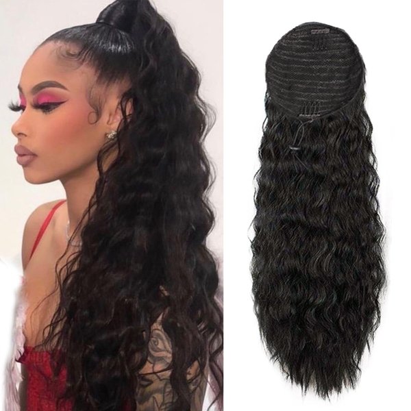 Human Hair Wrap Drawstring Ponytail Water Wave 1B Black Corn Wave Ponytail Extension Natural Curl for Black Women (20", 1B, Natural Wave)