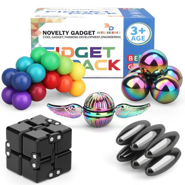 Dilabnba Cool Fidget Toys Set 5 Pack with Infinity Cube, Rainbow Magnetic Finger Balls, Wizard Fidget Spinner, Rattle Snakes Magnetic Eggs, Sensory Rainbow Ball, Finger Toy for Party Favor