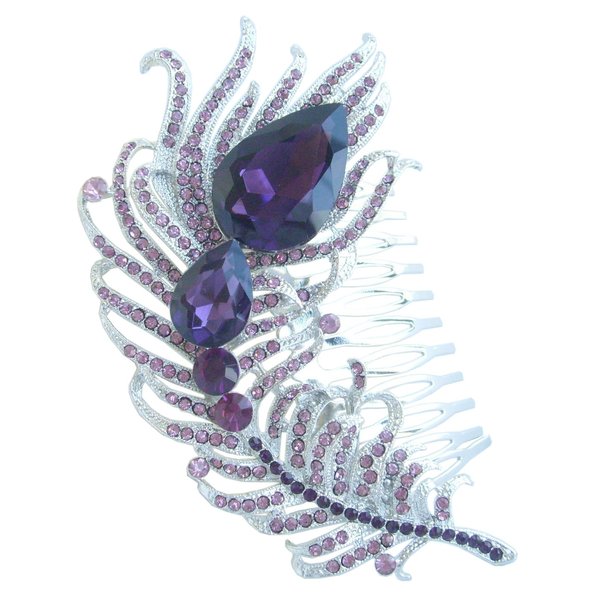 Sindary Wedding Headpiece 4.33" Rhinestone Crystal Bridal Peacock Feather Hair Comb (Silver-Tone Purple)