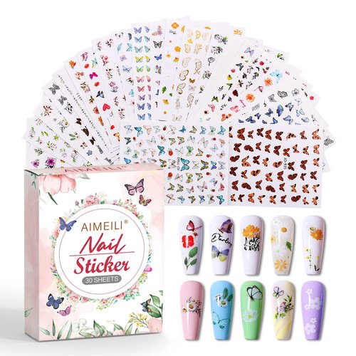 AIMEILI 30 Sheets Nail Art Stickers Colorful Butterfly Flower 3D Self-adhesive Nail Stickers for Nail Art Decoration