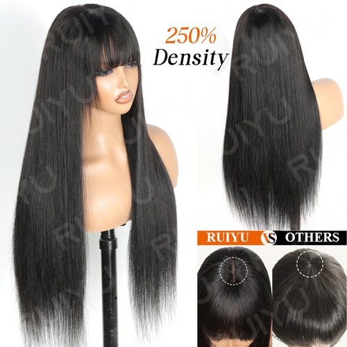 Ruiyu 250 Density 2x4 HD Lace Front Wigs Human Hair Wigs with Bangs Ready to Wear and Go Glueless Lace Closure Straight Wigs for Beginners Women 100% Brazilian Human Hair 24 Inch