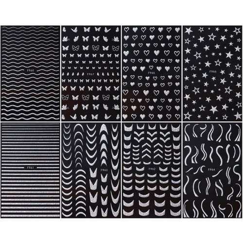 Silver Glitter Nail Art Stickers 3D French Tip Self-Adhesive Line Stripe Nail Decals Heart Star Butterfly Designs Nail Sticker for Nail Art Supplies Decoration for Women 8 Sheet