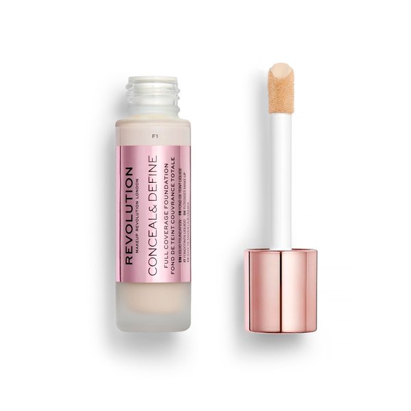 Revolution Beauty, Conceal & Define Foundation, Full Coverage, Long-Lasting Matte Finish, Vegan & Cruelty Free, F1 Fair Skin Tones, 0.8 Fl.Oz.