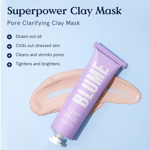 Blume Superpower Clay Mask - Bentonite + Kaolin Clay Pore Cleansing Mask - Vegan Brightening + Refining Pore Minimizer Face Mask for All Skin Types (75g)