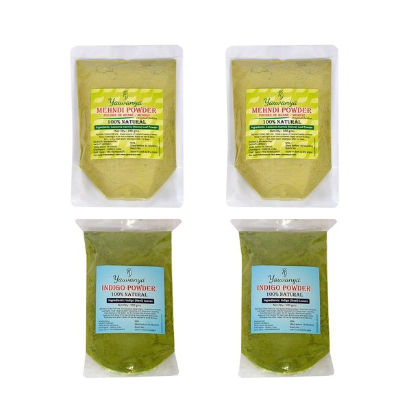 Yauvanya Combo: Henna and Indigo Powder (2X100 gms each) for Lush Hair Color