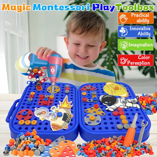 AquaArcc Drill Toy for Boys Age 4-8, 351pc Kids Montessori Construction Toy Electric Drill Toy with Fix Tool Box, Boys Toy Space Engineering Building Kits, Brithdaty for Boys 4 5 6 7 8 Years Old