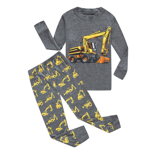 Family Feeling Excavator Little Boys Long Sleeve Pajamas Sets Cotton Pyjamas Kids Pjs Size 5 Grey