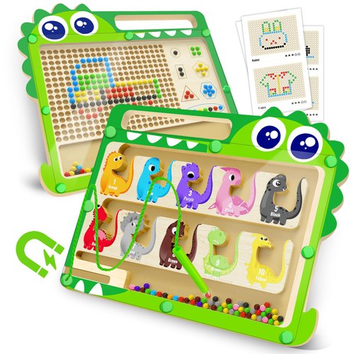 FunMission 2-in-1 Dinosaur Magnetic Color and Number Maze & Drawing Board Educational Montessori Wooden Toys, Color | Number |Counting, Learning Fine Motor Sensory Toys, for Boys & Girls 3 + Years Old