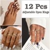 IRONBOX 12 Pcs Adjustable Knuckle Rings for Women 14K Gold Plated Stacking Rings Pack Wave Star Moon Dainty Thumb Open Rings Set Gold