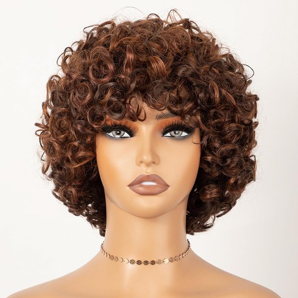 JOEDIR HAIR Short Curly Wig with Bangs Human Hair Afro Rose Curly Glueless Wigs for Black Women Brown Mixed Color Short Curly Bob Wig 150% Density