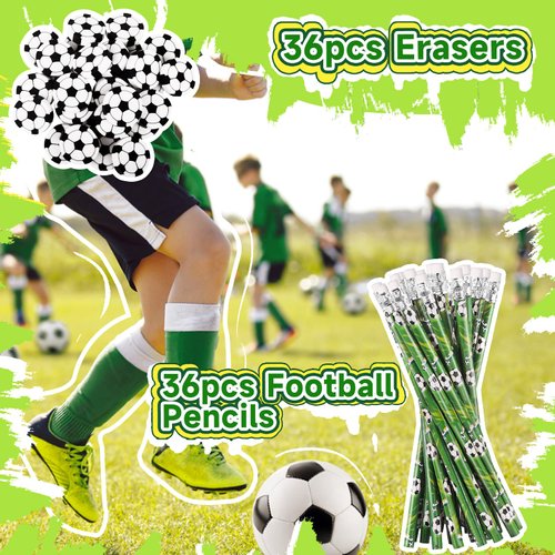 Miucat 36 Set Soccer Pencils and Soccer Erasers, Sport Pencils & Erasesrs, Fun Wooden Pencil, Birthday Pencils for Kids, Soccer Party Favors for School, Office, Class Reward