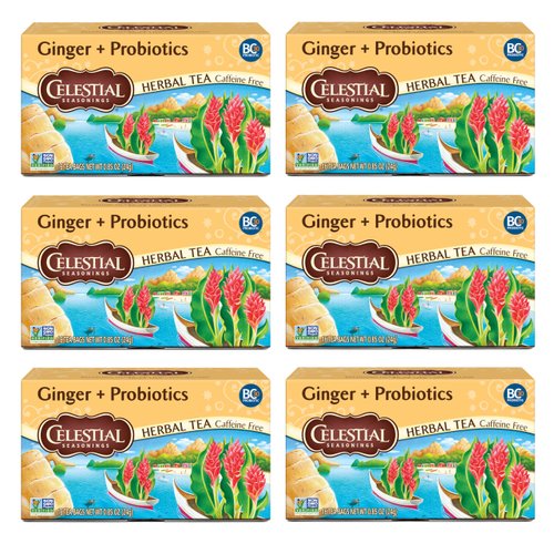 Celestial Seasonings Ginger + Probiotics Herbal Tea, Caffeine Free, 16 Tea Bags Box, (Pack of 6)