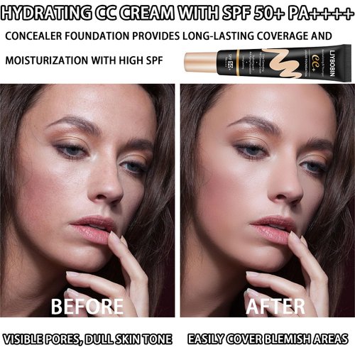 Hydrating CC Cream with SPF 50+ PA++++,Waterproof Flawless Concealer Full Coverage BB Cream for All Skin Types,Long Lasting Moisturizing Full Coverage Liquid Foundation for Men & Women（Natural）