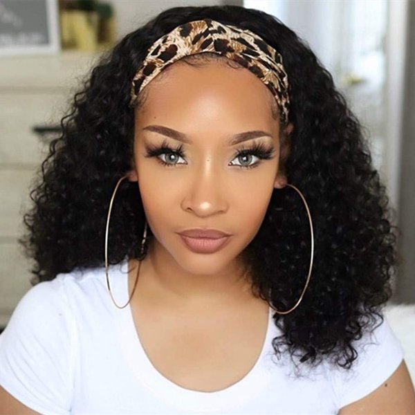 Ubetta Curly Headband Wigs Human Hair Glueless None Lace Front Wigs for Black Women Deep Wavy Brazilian Virgin Remy Human Hair Machine Made Wigs with Headband Attached 22 Inch 150% Density
