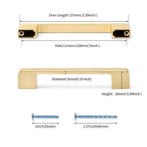 Rergy 5 Pack Cabinet Pulls Gold 5 in Cabinet Handles LS9901GD128 Solid Modern Drawer Pulls Gold Cabinet Hardware Pulls for Kitchen