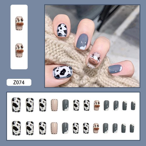 Medium Length Press on Nails, Artificial Acrylic Fake Nails for Women, 24PCS Full Cover Reusable False Nails Kits, Cute Cow Nails Design, Glue on Nails Fake Nails