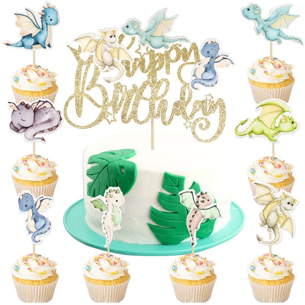 Ephlyn 37Pcs Dragon Party Cupcake Toppers Dragon Birthday Party Cake Topper Decorations Fantasy Dragon Cake Decorations for Flying Dragon Baby Shower Supplies