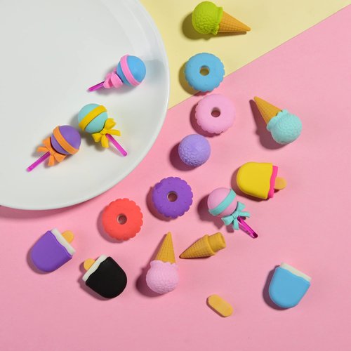 Food Earsers for Kids, 16 Pcs 3D Cute Mini Ice Cream Donut Take Apart Erasers, Cool Fun Puzzle Desk Pet Erasers for Girls