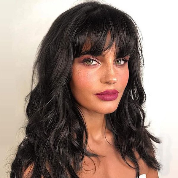 Saypeds Natural Black Wavy Wigs for Women Short Curly Bob Wig with Bangs Synthetic Heat Resistant Shoulder Length Wigs for Daily Party Cosplay Costume