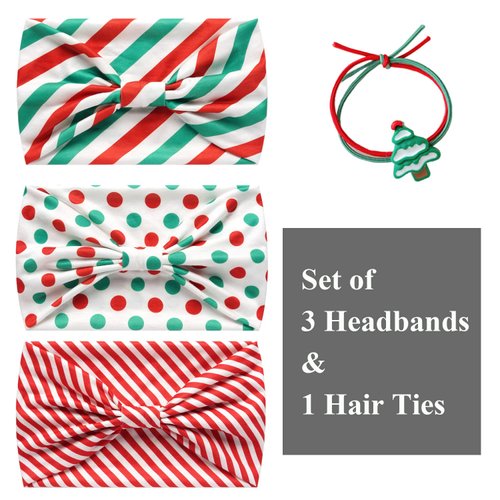 Ainuno Wide Boho Christmas Headbands for Women Red Green Polka Dots Stripe Workout Thick Party Bandana Headband Winter Fashion Yoga Head Bands Hair Knotted Elastic Stretch Headwear Pack of 3