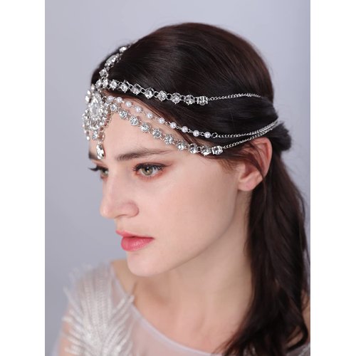 JWICOS Boho Rhinestone Head Chain Pearl Headchain Bride Headpiece Headband Wedding Hair Accessories for Women and Girls (Silver)
