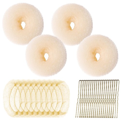 Teenitor Hair Bun Maker Kit, 4pcs Medium Size Donut Bun Maker, 10pcs 50cm Invisible Hair Nets, 10pcs 6cm Hair Bobby Pins, Hair Bun Shaper Set, Beige