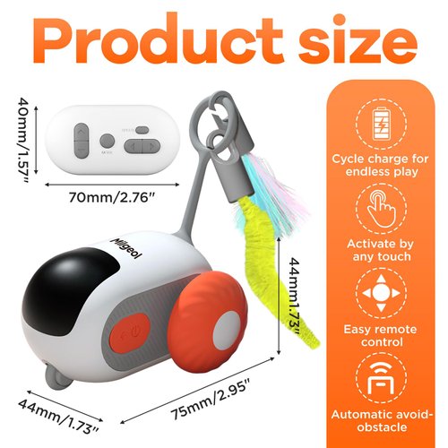 Milgeol Turbo Tail 3.0, Teazys Cat Toy Turbo Tail, Smart Remote Control Electric Interactive Cats Toy, Type-C Rechargeable Turbo Tail Mouse Cat Toy with Feathers (1pc Orange)