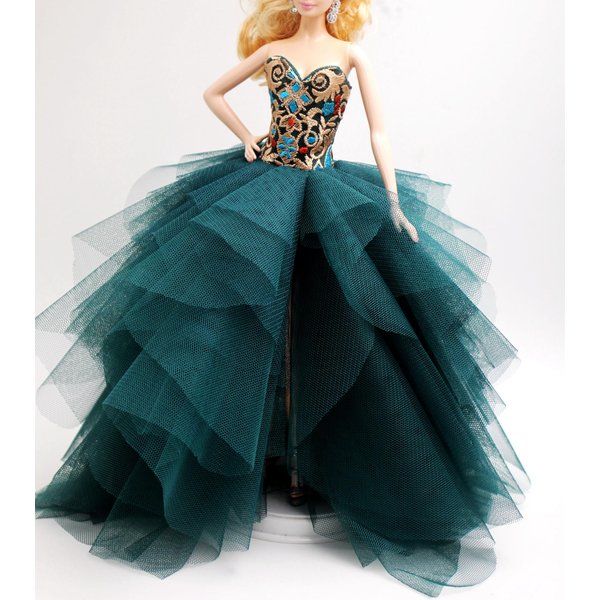 [Handmade Dress Fit for 12" Doll] Cora Gu Classic Dark Green Embroidery Pattern Dress/Wedding Gowns Fit for 12" Fashion Doll [Doll's not Included]
