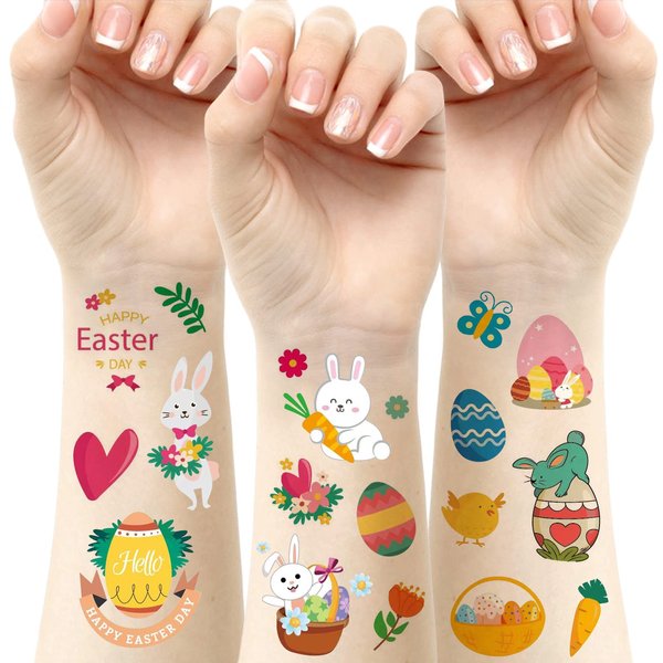 Aresvns Easter Temporary Tattoos for Kids,Easter Party Supplies, Easter Decorations, 12 Sheets Bunny Egg Rabbit Flower Butterflies Stickers for Easter Basket Stuffers Egg Fillers Gift