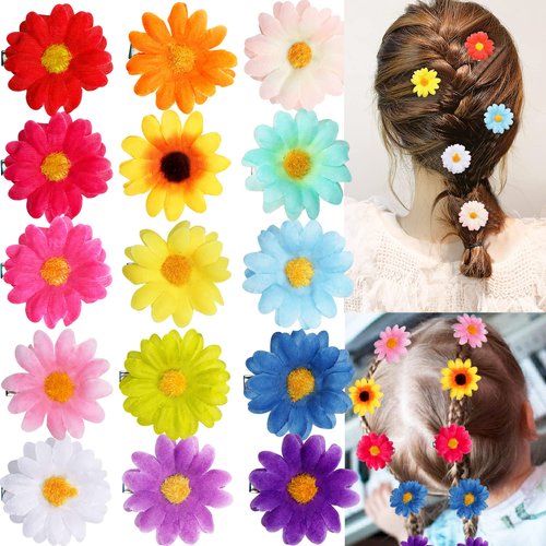 CÉLLOT 15Pcs Flower Hair Clips,Multi-Colored 1.5" Daisy Flower Hairpins Alligator Clips for Women Girls Wedding Hair Accessories Beach Vacation Hair Decor and DIY Project