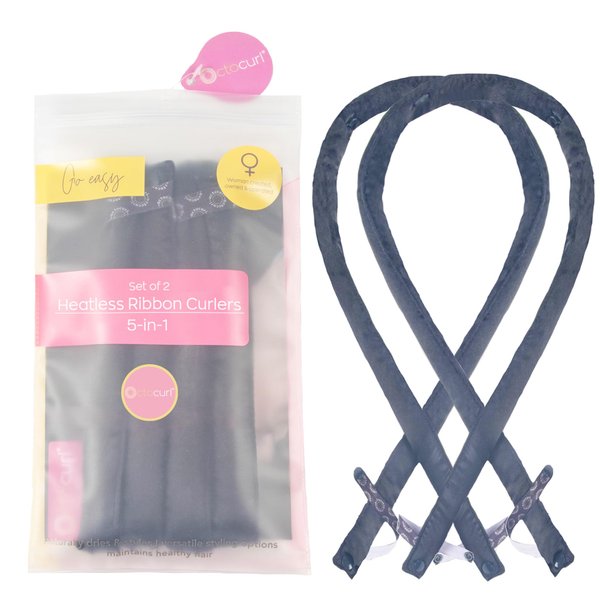 Octocurl Ribbon Curlers - Heatless Curling Headband - Flexible Hair Rollers for Heatless Curls - Soft Hair Curlers to Sleep In Curling Ribbon - Set of 2 (Satin - It’s Pitch Black)