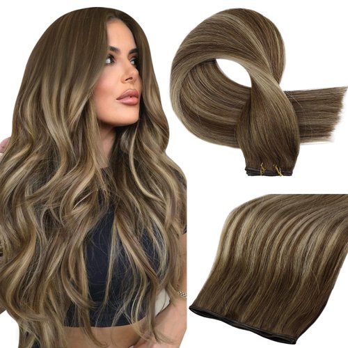 Full Shine Genius Weft Hair Extensions Real Human Hair Hand Tied Hair Extensions Remy Hair Color Medium Brown To Honey Blonde Highlight Medium Brown Human Hair Weft Sew In Hair Extensions 60G 20 Inch