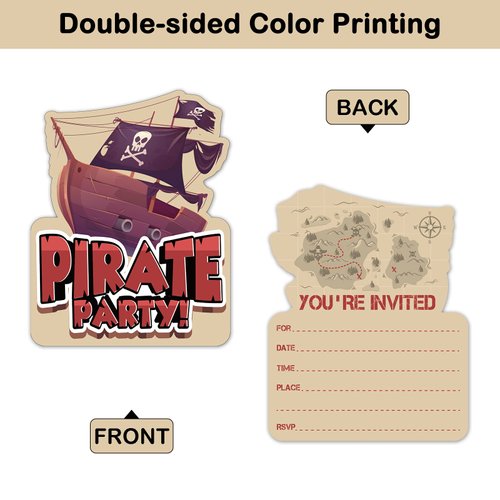 REWIDPARTY Pirate Birthday Party Invitations with Envelopes & Stickers（Set of 15） Pirate Ship Shaped Fill-in Invitations Pirate Theme Party Invite Card Pirate Birthday Party Supplies Favors for Kids