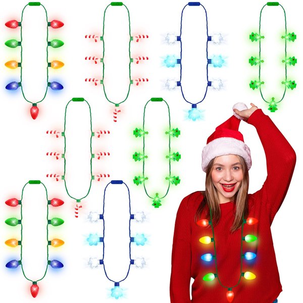 8PCS Christmas Light Necklace, Snowflakes Christmas Accessories, 4 Styles Christmas Lights Necklace, Xmas Tree Kids Christmas Party Favors LED Bulbs Light Up Necklaces for New Year Ugly Sweater Party