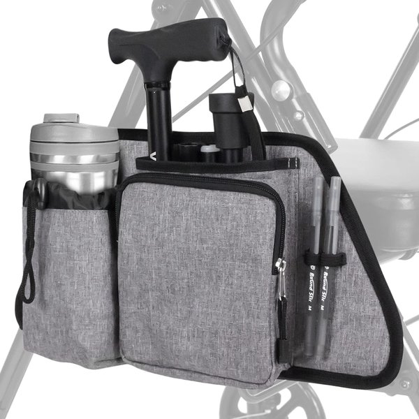 Vive Side Bag for Rollators, Wheelchairs, Walkers - Tote Organizer with Phone Pocket - Storage Travel Pouch - Small Hanging Stroller Accessories for Women, Men, Seniors - Non Slip Cup Holder