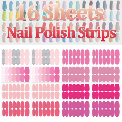 SILPECWEE Pink Nail Wraps for Women Nail Polish Strips Solid Color Glitter Self Adhesive Nail Polish Stickers Gel Nail Strips Fingernail Manicure Stickers with 1pc Nail File (16 Sheets)
