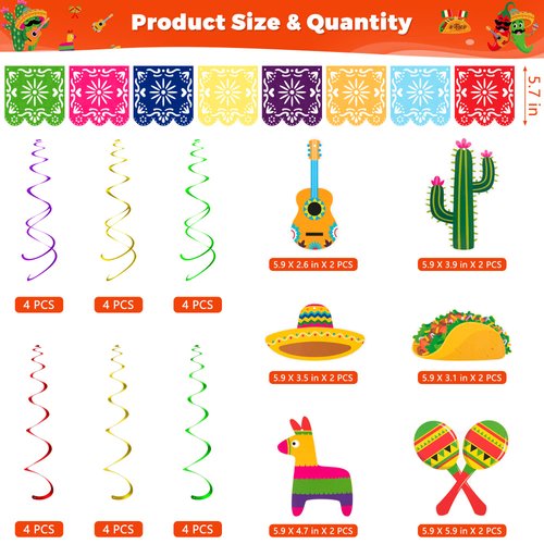 49 PCS Cinco De Mayo Party Decorations, Fiesta Party Decorations Fiesta Banner Hanging Swirls Honeycomb Table Centerpieces Cinco De Mayo Fiesta Party Birthday Decor for Mexican Party Supplies