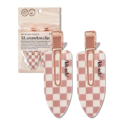 Kitsch Creaseless Hair Clips - Recycled Plastic XL No Bend Hair Clips for Makeup | No Crease Hair Clips | Stylish Make Up Hair Clip | Hair Accessories Styling Clips, 2pcs (Terracotta Checker)