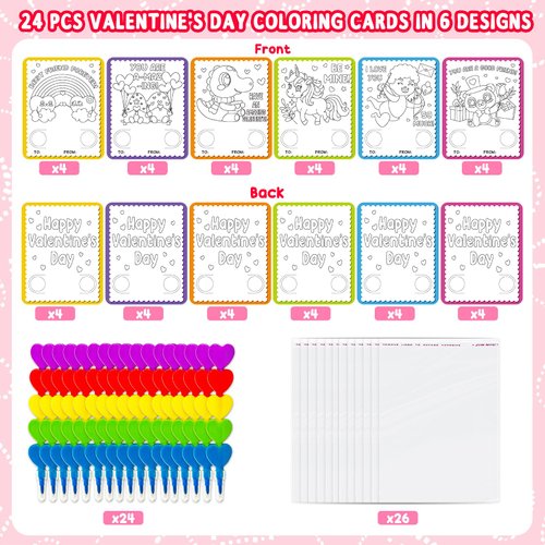 Valentines Day Cards for Kids School, 24 Stacking Heart Crayons with 24 Valentines Day Coloring Exchange Cards for Kids Classroom Treats Prizes Supplies Valentines Party Favors for Boys Girls