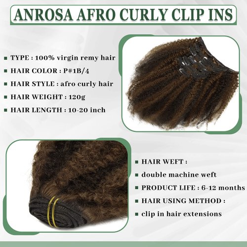 Anrosa Afro Kinky Curly Clip ins for Black Women Piano Natural Black mixed with Chocolate Brown Full Head with 17 Clips 12 Inch Thicken Double Weft Brazilian Hair Curly Extensions Clip in 120g