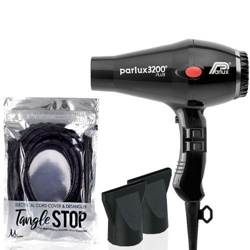 Parlux 3200 Plus Black Hair Dryer and M Hair Designs Tangle Stop Cord Cover Detangler Black (Bundle 2 Items)
